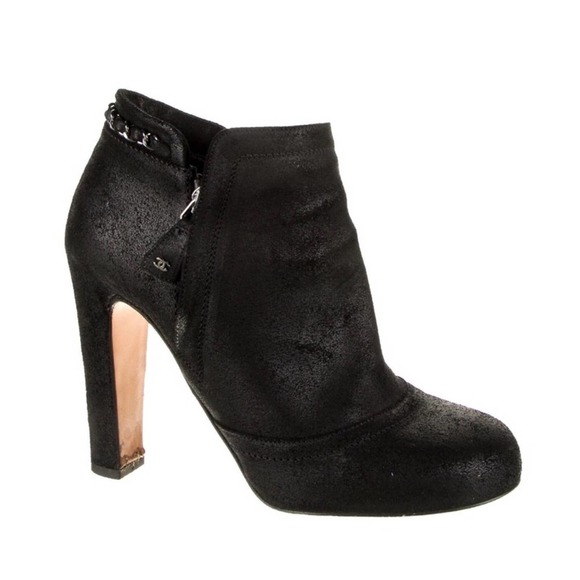 CHANEL Shoes - CHANEL Metallic Black Leather Chain Embellished Ankle Bootie